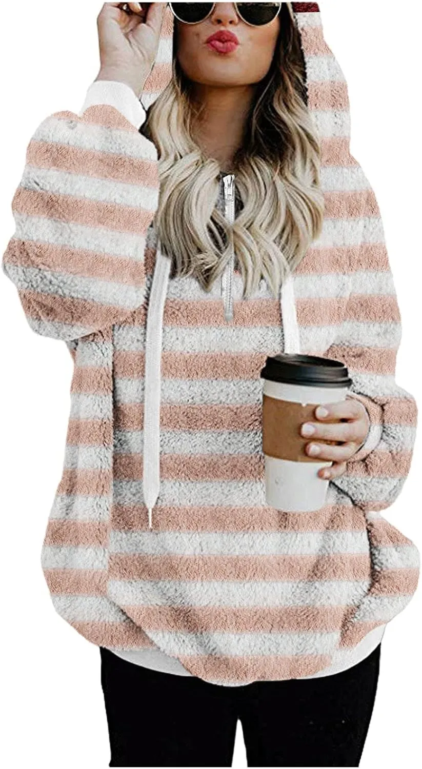 2023 Winter Womens Fuzzy Fleece Hoodies Sweatshirts Casual Long Sleeves Shaggy Sherpa Pullover With Pockets Pullover