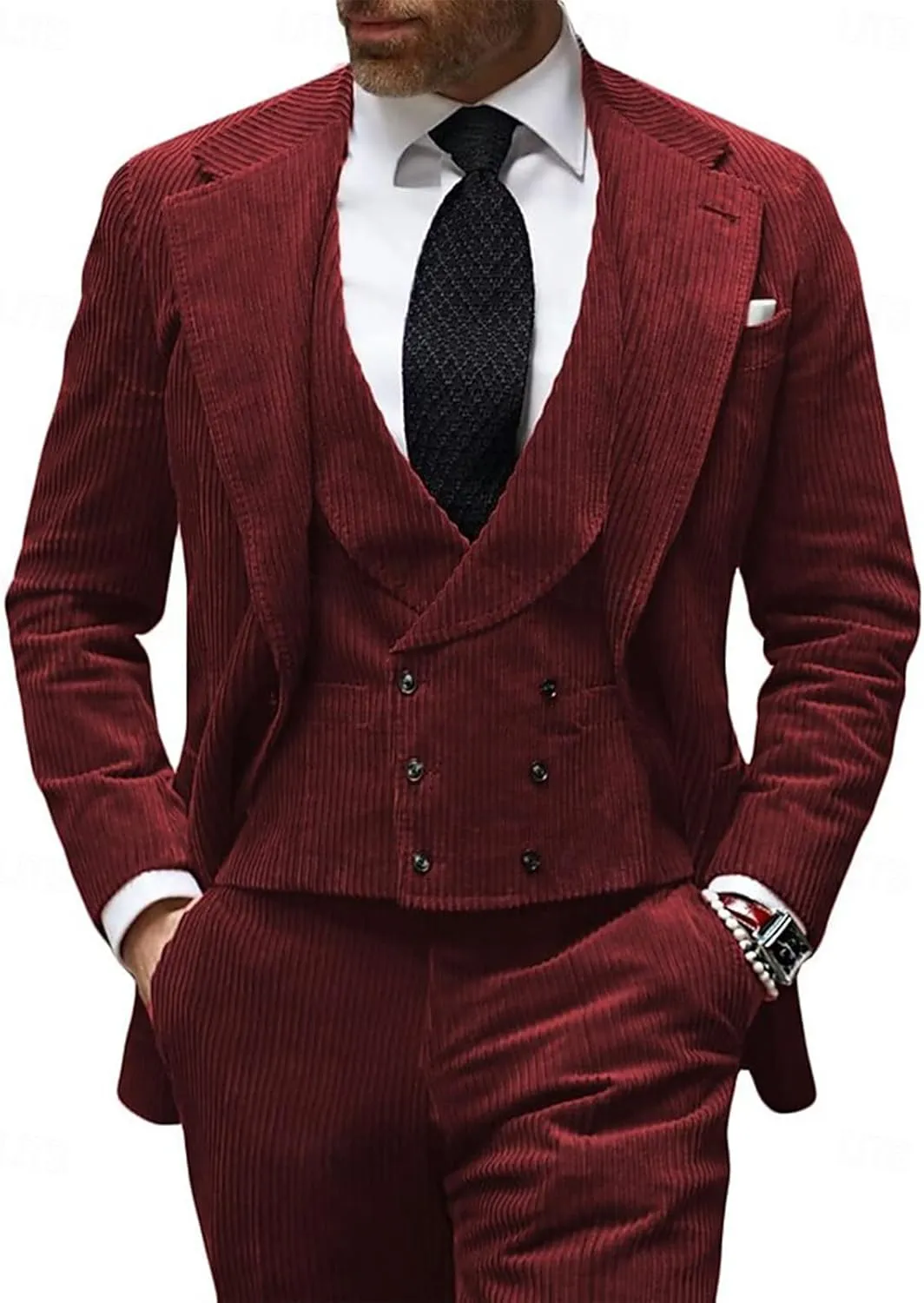 3 Piece Men's Corduroy Suits Slim Fit Suits for Men Double Breasted Blazer Vest Pants Set Wedding Prom Tuxedo Suits