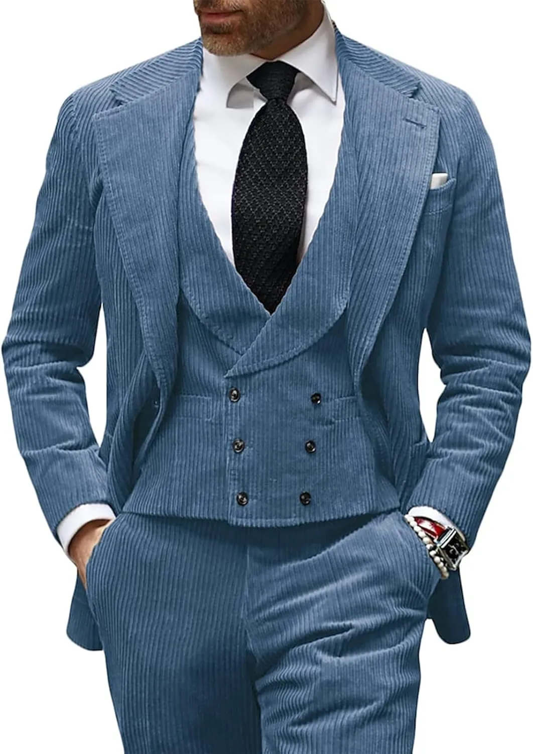 3 Piece Men's Corduroy Suits Slim Fit Suits for Men Double Breasted Blazer Vest Pants Set Wedding Prom Tuxedo Suits
