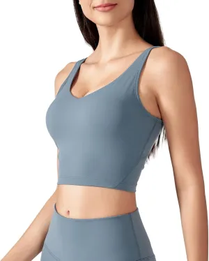 altiland V Neck Longline Sports Bra for Women, Padded Workout Yoga Cropped Tank with Medium Support