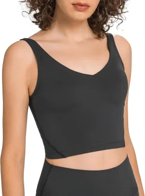 altiland V Neck Longline Sports Bra for Women, Padded Workout Yoga Cropped Tank with Medium Support