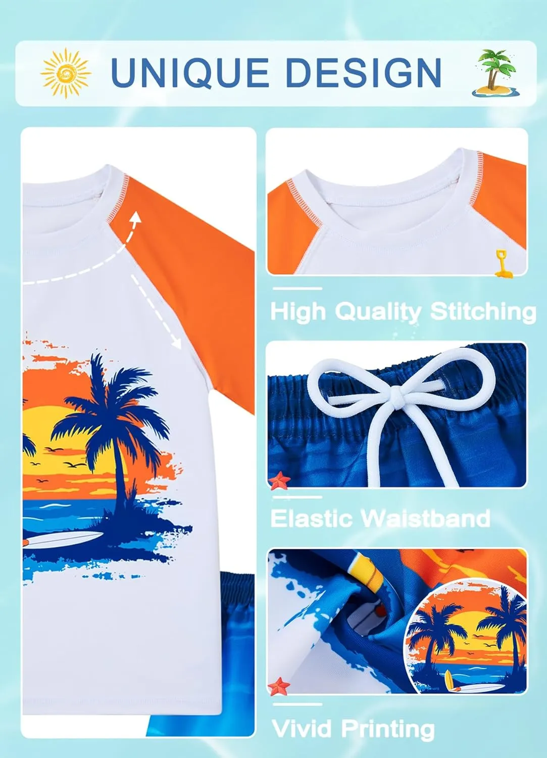 Boys Two Piece Rash Guard Swimsuits Sets Bathing Suits with Trunks 4-12 Years
