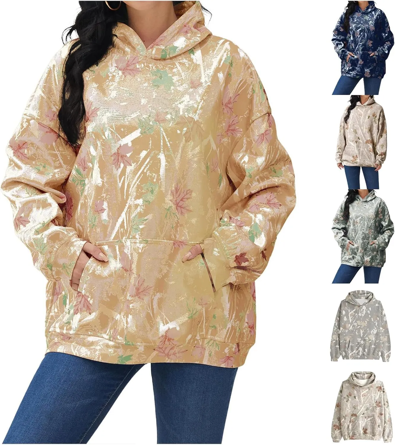 Camo Hoodie Womens Trendy Oversized Hooded Sweatshirt Maple Leaf Print Color Block Pullover Sweatshirts