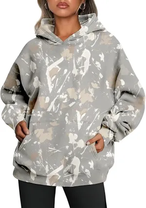 Camo Hoodie Womens Trendy Oversized Hooded Sweatshirt Maple Leaf Print Color Block Pullover Sweatshirts