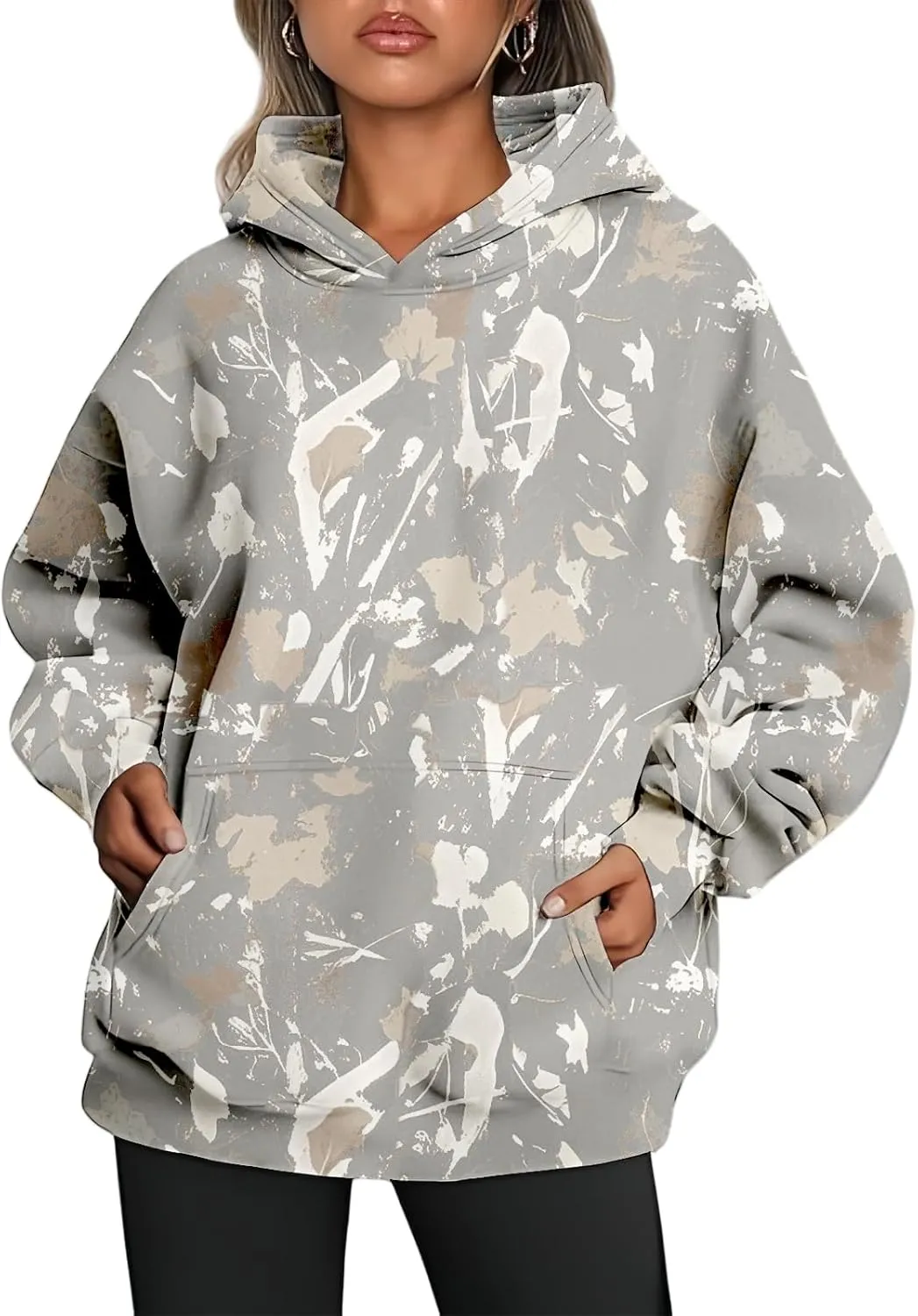 Camo Hoodie Womens Trendy Oversized Hooded Sweatshirt Maple Leaf Print Color Block Pullover Sweatshirts