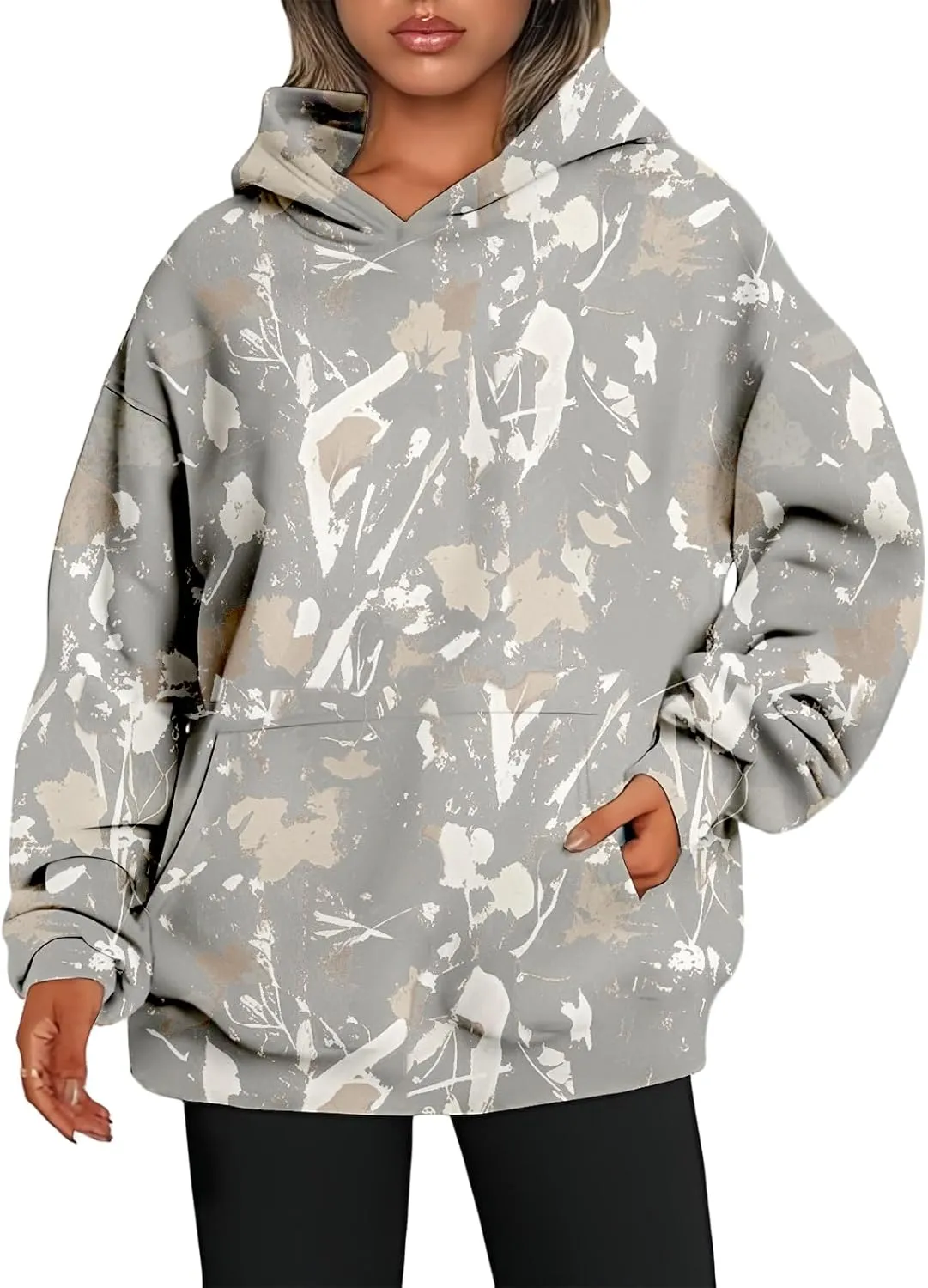 Camo Hoodie Womens Trendy Oversized Hooded Sweatshirt Maple Leaf Print Color Block Pullover Sweatshirts