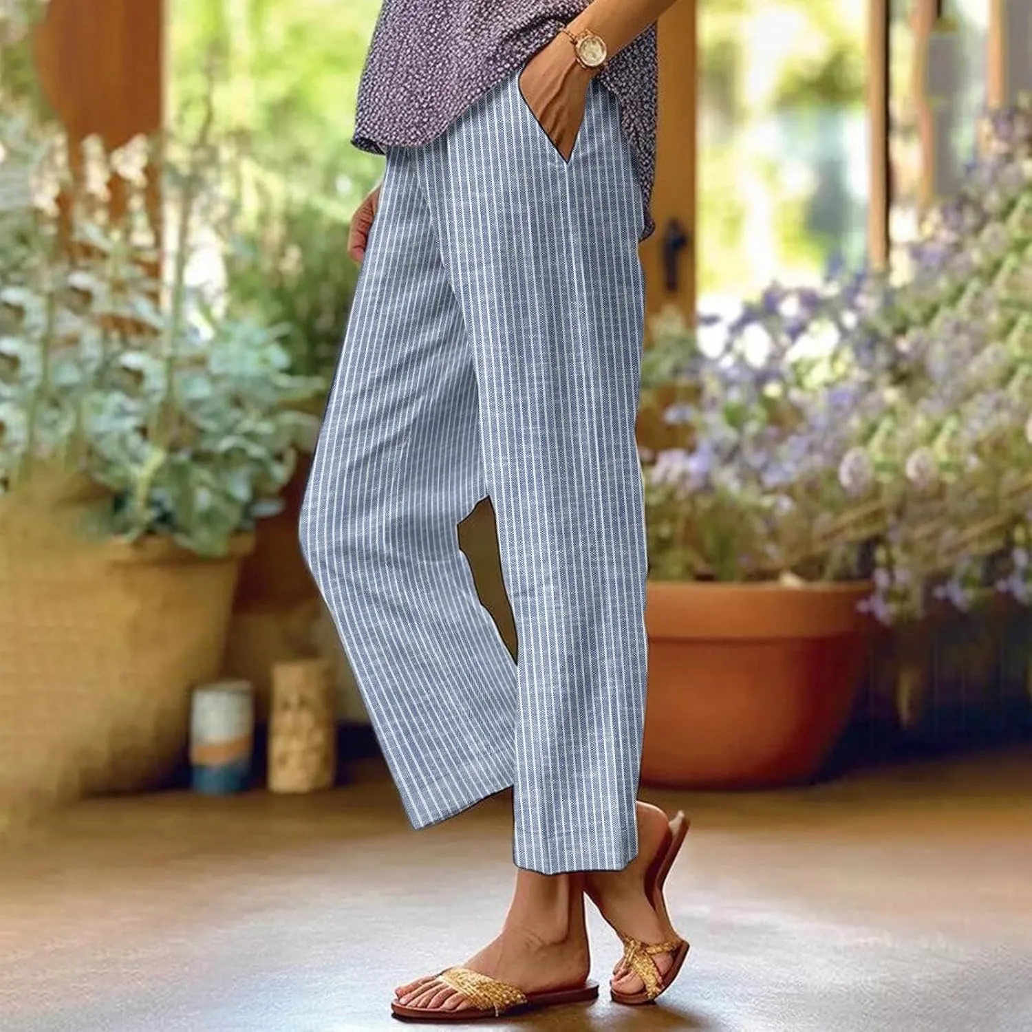 Capri Pants for Women Casual Straight Leg Lounge Trousers Elastic High Waist Lightweight Comfy Loose Palazzo Pants