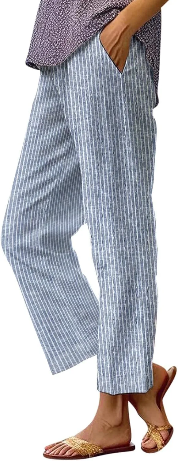 Capri Pants for Women Casual Straight Leg Lounge Trousers Elastic High Waist Lightweight Comfy Loose Palazzo Pants
