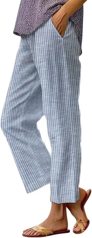 Capri Pants for Women Casual Straight Leg Lounge Trousers Elastic High Waist Lightweight Comfy Loose Palazzo Pants