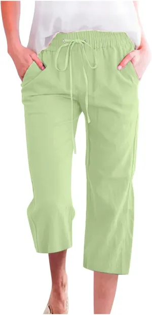 Capri Pants for Women,Plus Size Casual Summer Linen Pants Cropped Lounge Pants Drawstring Baggy Trousers with Pockets