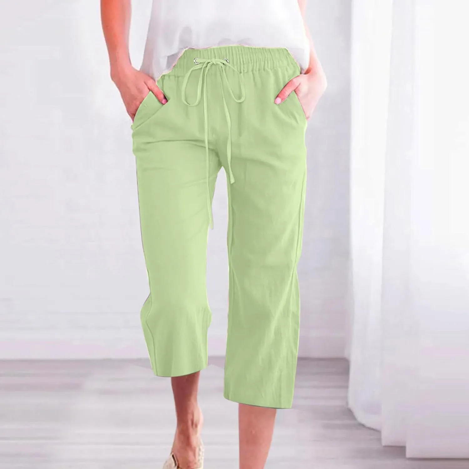 Capri Pants for Women,Plus Size Casual Summer Linen Pants Cropped Lounge Pants Drawstring Baggy Trousers with Pockets