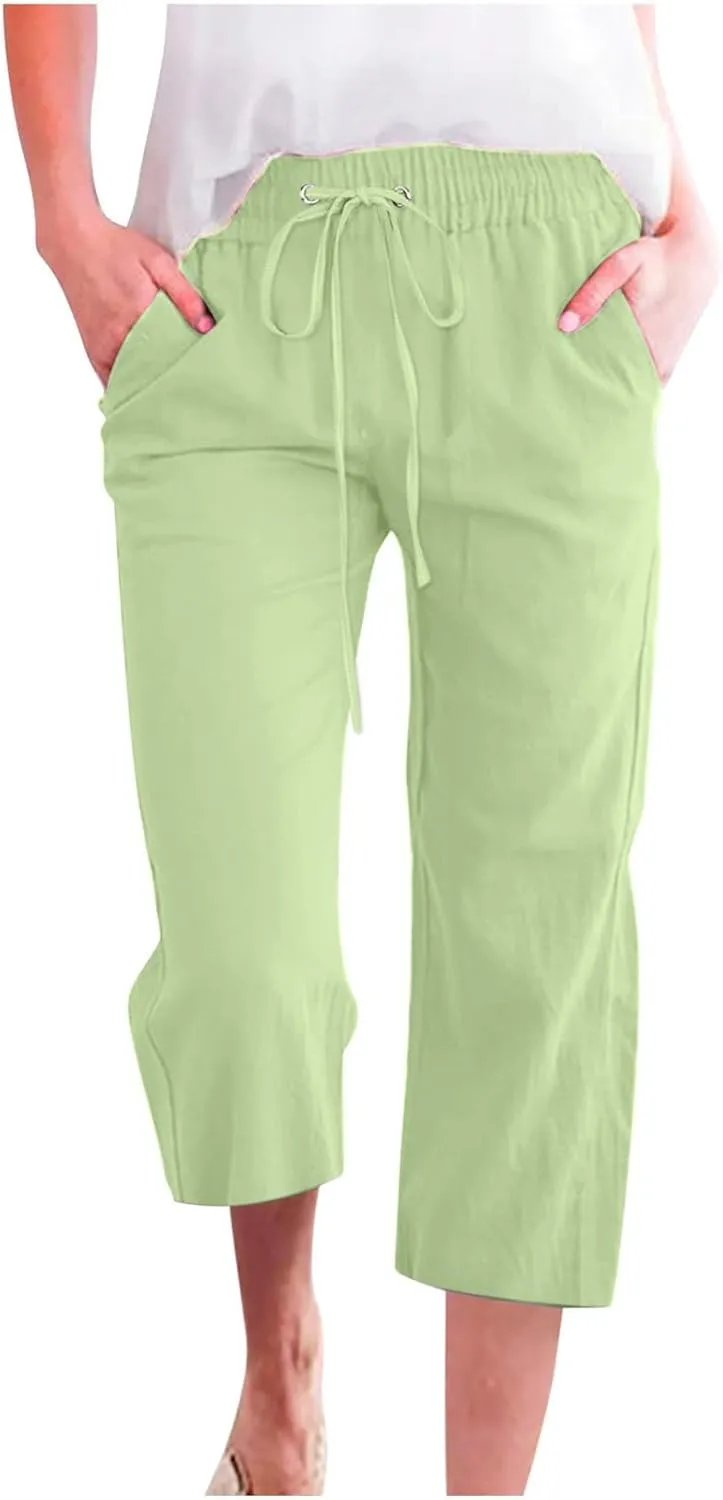 Capri Pants for Women,Plus Size Casual Summer Linen Pants Cropped Lounge Pants Drawstring Baggy Trousers with Pockets