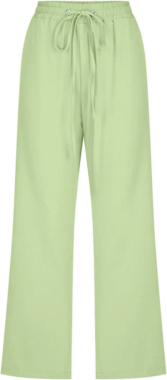Capri Pants for Women,Plus Size Casual Summer Linen Pants Cropped Lounge Pants Drawstring Baggy Trousers with Pockets
