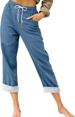 Capris Pants for Women Cotton Linen Summer Casual Loose Straight Wide Leg Loose Drawstring Vacation Cropped Shorts