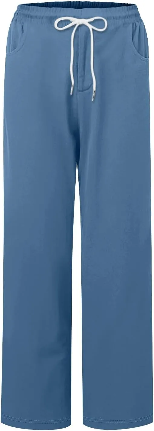 Capris Pants for Women Cotton Linen Summer Casual Loose Straight Wide Leg Loose Drawstring Vacation Cropped Shorts