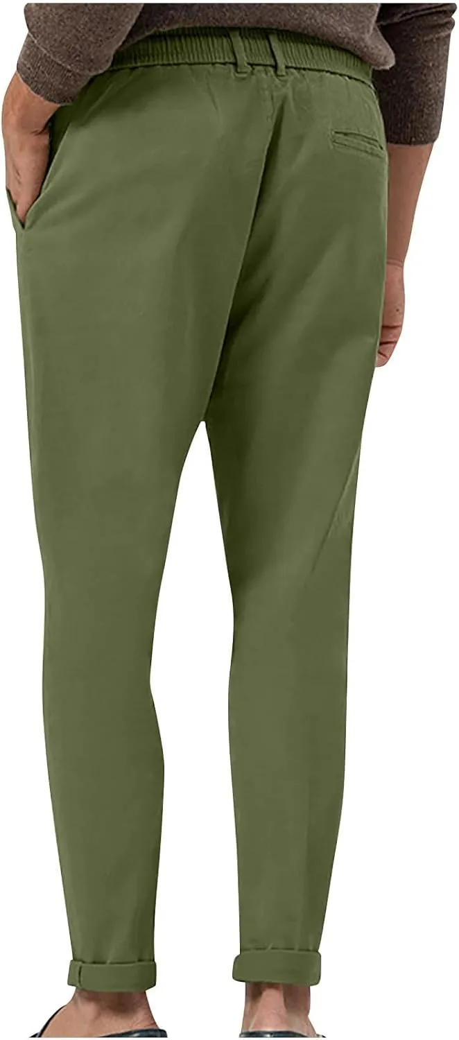 Casual Pants for Men Stretch Dress Pants Khaki Slim Fit Pants Solid Drawstring Waist Pants Golf Pants with Pockets
