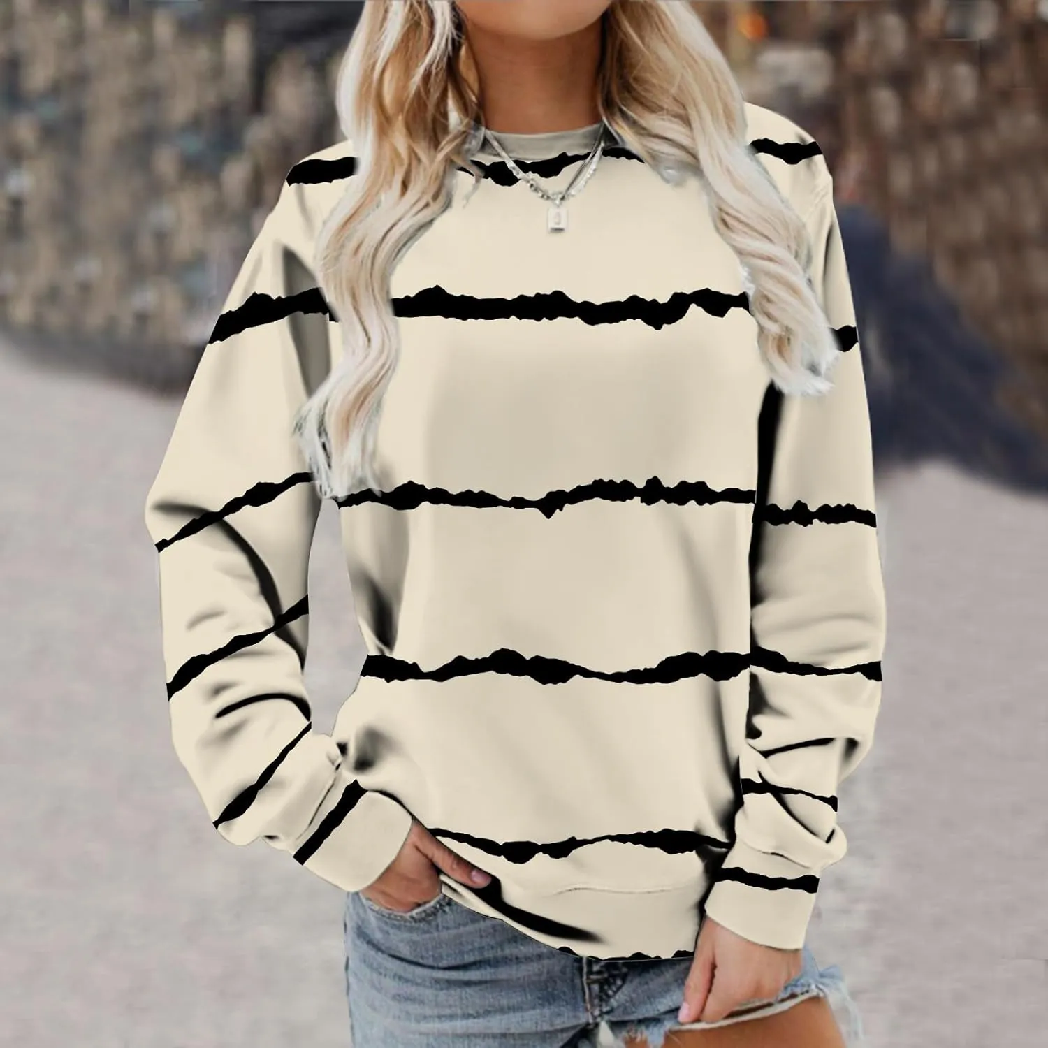 Ceboyel Womens Long Sleeve Shirts Striped Print Sweatshirt Crewneck Pullover Tops Trendy Casual Fall Clothes 2023