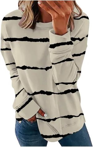 Ceboyel Womens Long Sleeve Shirts Striped Print Sweatshirt Crewneck Pullover Tops Trendy Casual Fall Clothes 2023