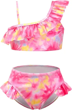 CHILDRENSTAR Girls One Shoulder Swimsuits Kids Two Piece Bathing Suits Beach Pool Swimwear