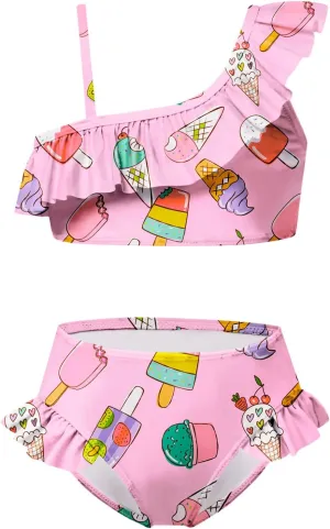 CHILDRENSTAR Girls One Shoulder Swimsuits Kids Two Piece Bathing Suits Beach Pool Swimwear