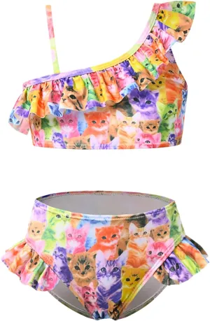 CHILDRENSTAR Girls One Shoulder Swimsuits Kids Two Piece Bathing Suits Beach Pool Swimwear