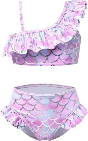 CHILDRENSTAR Girls One Shoulder Swimsuits Kids Two Piece Bathing Suits Beach Pool Swimwear