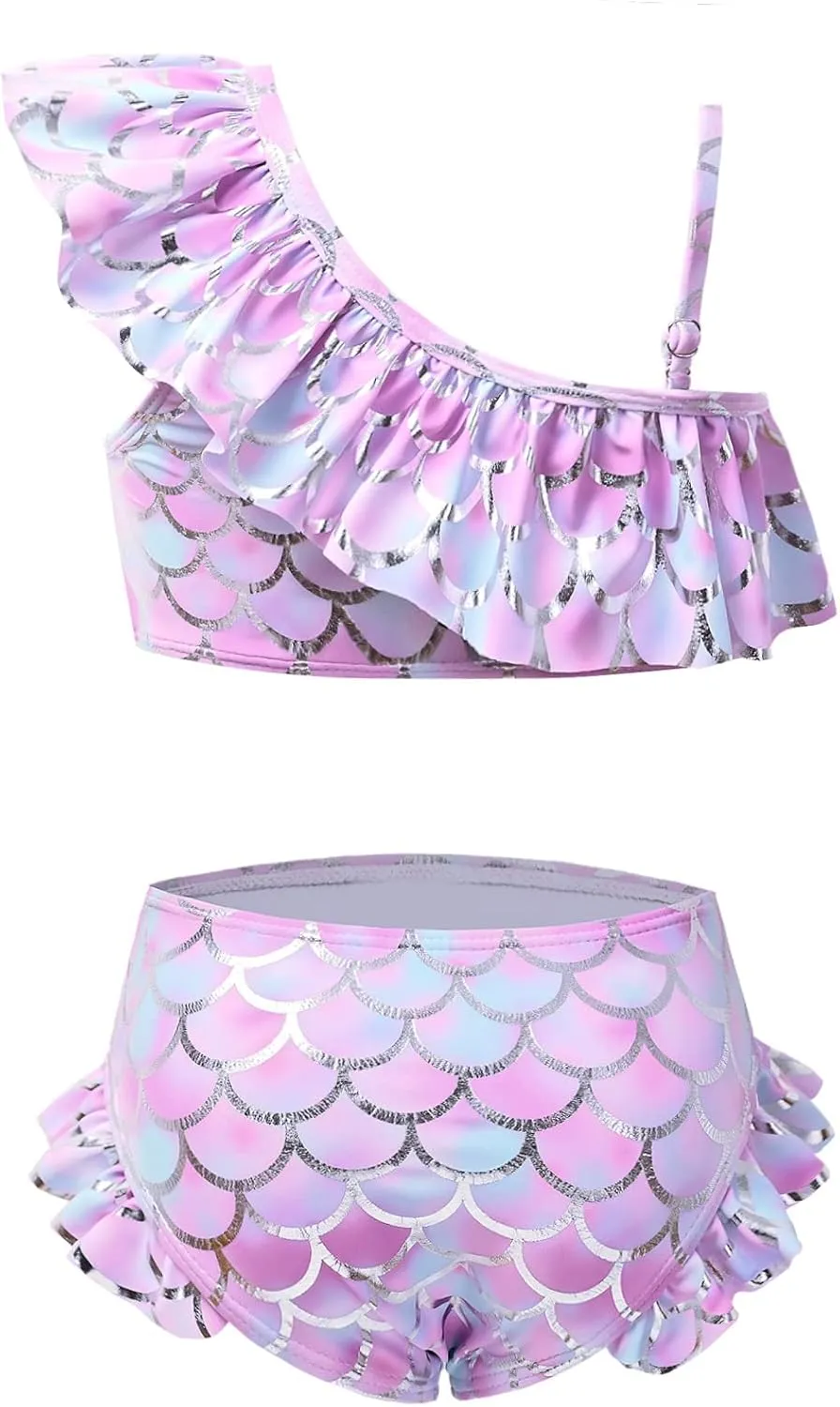 CHILDRENSTAR Girls One Shoulder Swimsuits Kids Two Piece Bathing Suits Beach Pool Swimwear