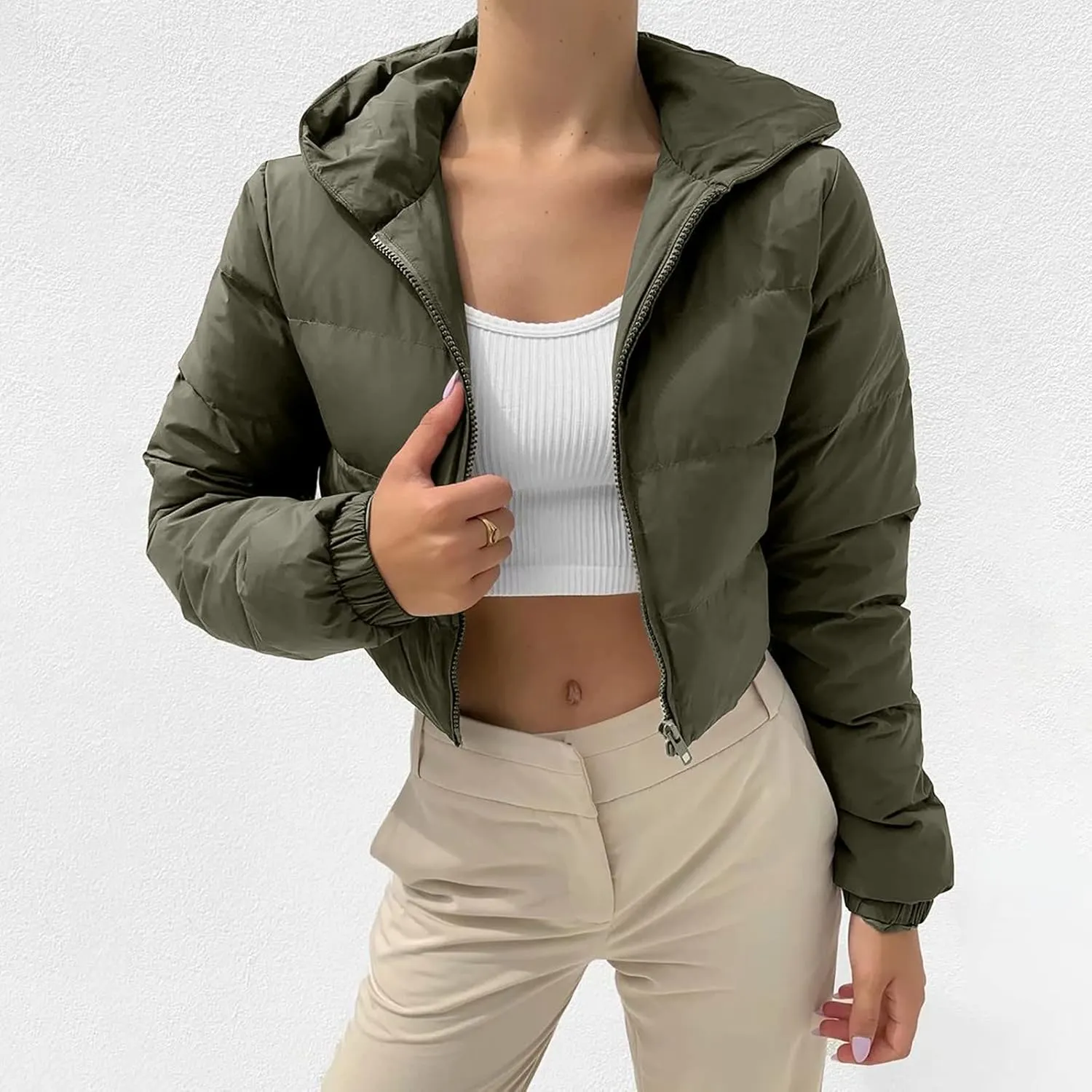 Cropped Puffer Jacket Women Lightweight Down Jacket Packable Parkas Jacket Water-Resistant Zip Thicken Hooded Insulated Coat