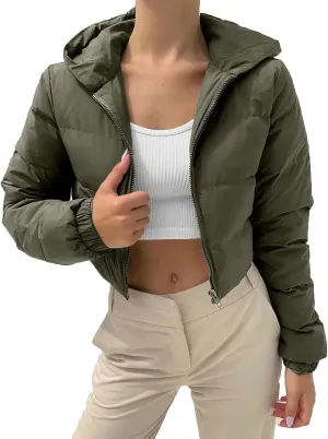 Cropped Puffer Jacket Women Lightweight Down Jacket Packable Parkas Jacket Water-Resistant Zip Thicken Hooded Insulated Coat