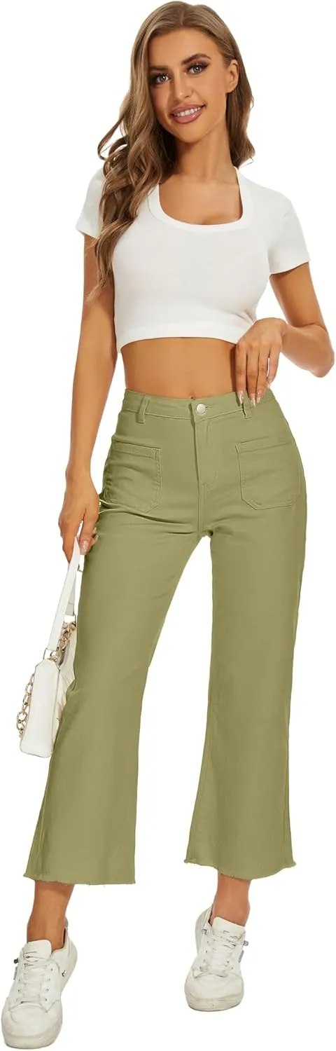Denim Women Cropped Trousers Jeans Pants Leg Jeans High Rise Pants Stretchy with Pockets