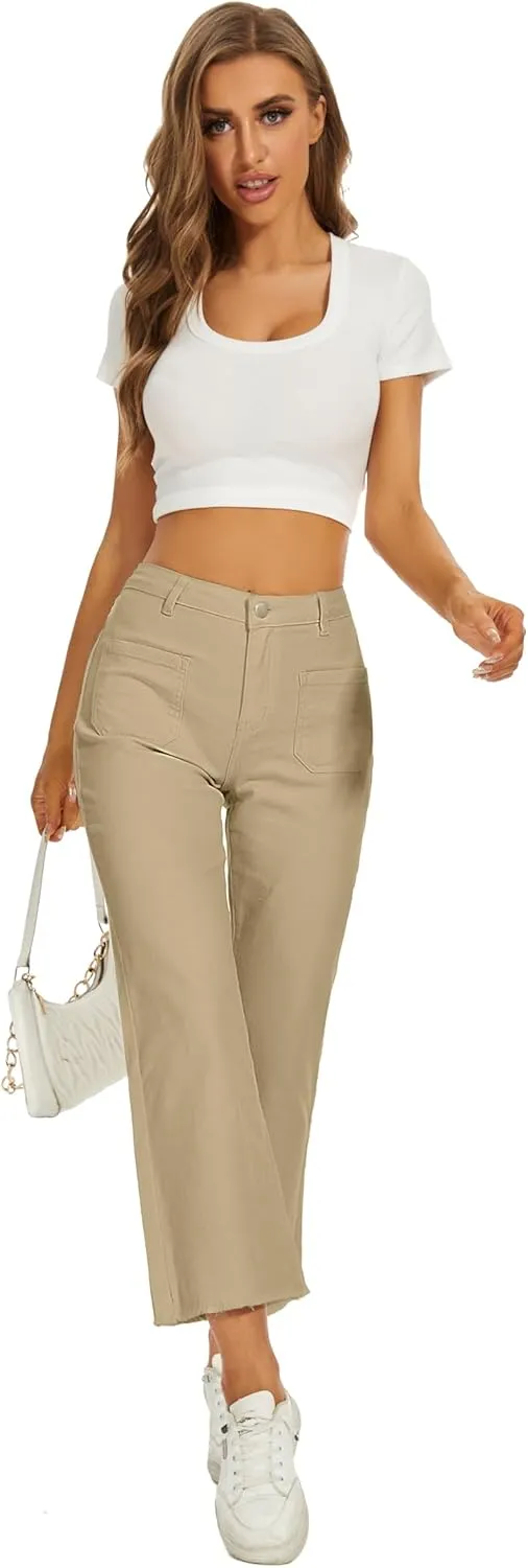 Denim Women Cropped Trousers Jeans Pants Leg Jeans High Rise Pants Stretchy with Pockets