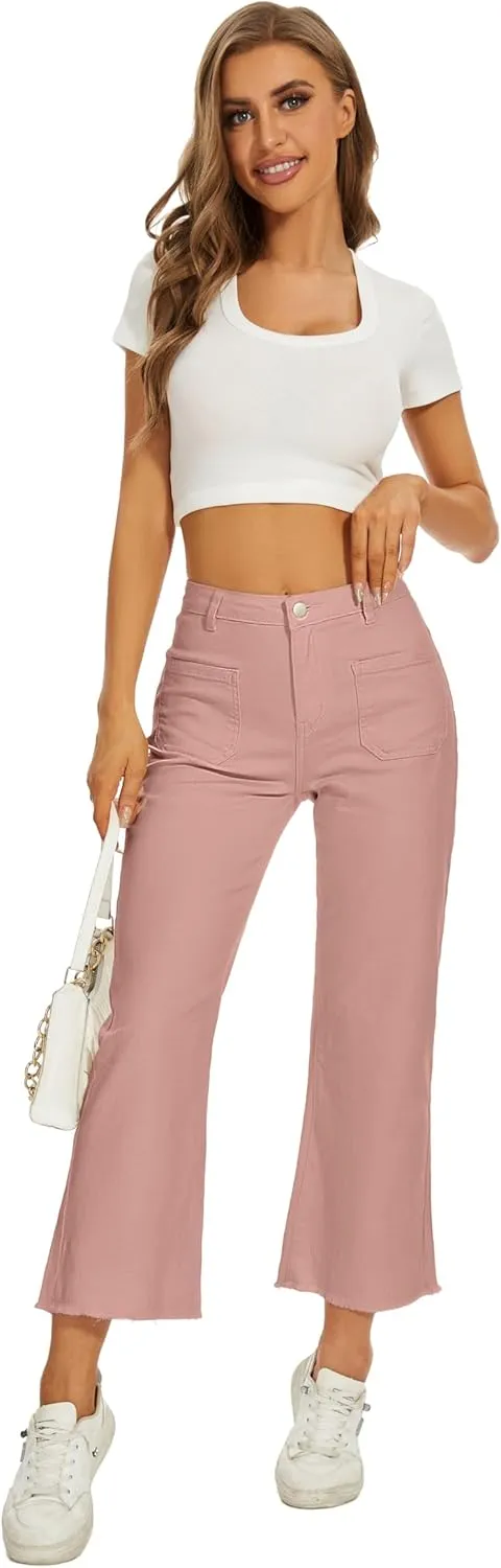 Denim Women Cropped Trousers Jeans Pants Leg Jeans High Rise Pants Stretchy with Pockets
