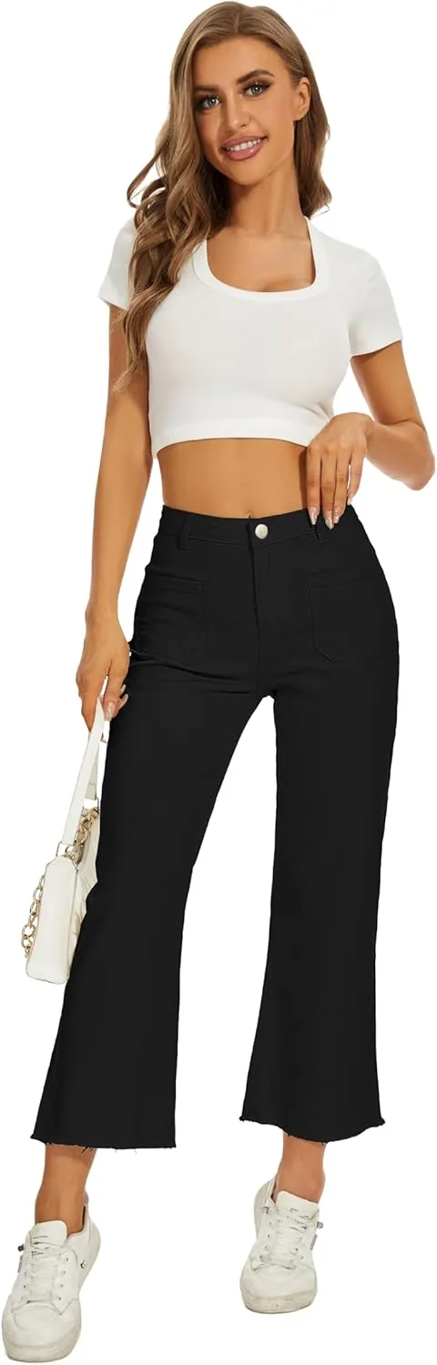Denim Women Cropped Trousers Jeans Pants Leg Jeans High Rise Pants Stretchy with Pockets