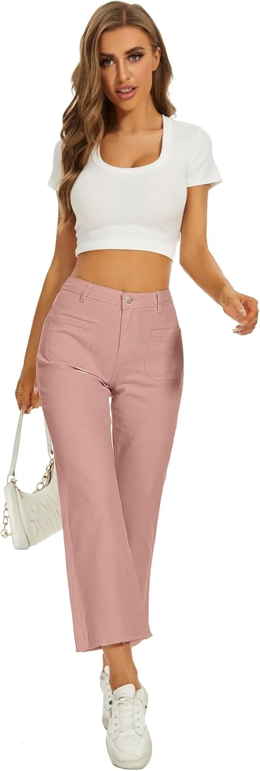 Denim Women Cropped Trousers Jeans Pants Leg Jeans High Rise Pants Stretchy with Pockets
