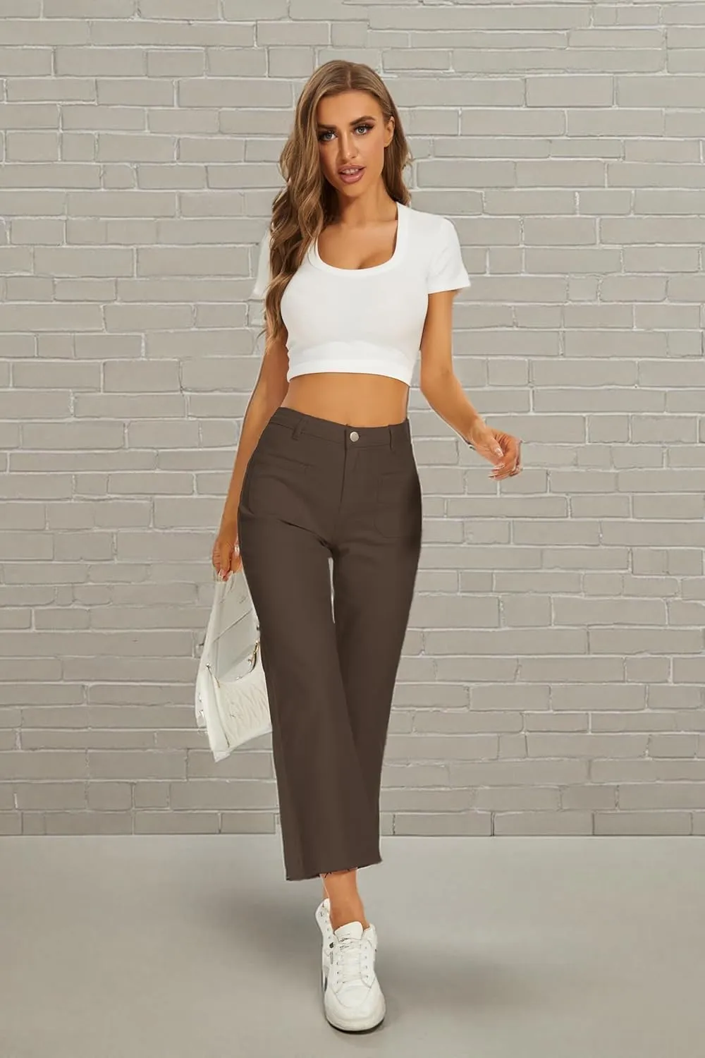 Denim Women Cropped Trousers Jeans Pants Leg Jeans High Rise Pants Stretchy with Pockets