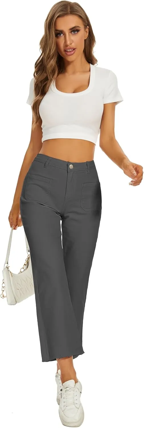 Denim Women Cropped Trousers Jeans Pants Leg Jeans High Rise Pants Stretchy with Pockets