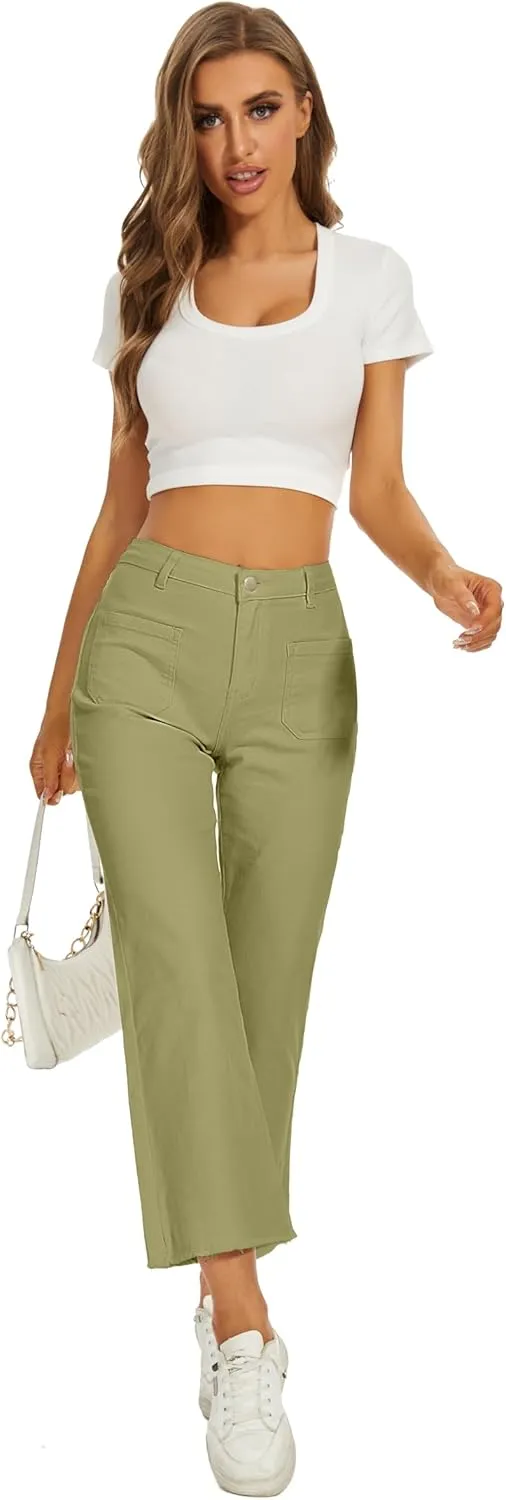 Denim Women Cropped Trousers Jeans Pants Leg Jeans High Rise Pants Stretchy with Pockets