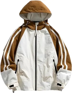 Dninmim Men's Patchwork Colour Block Thin Hooded Jacket Outdoor Casual Camping Street Coat