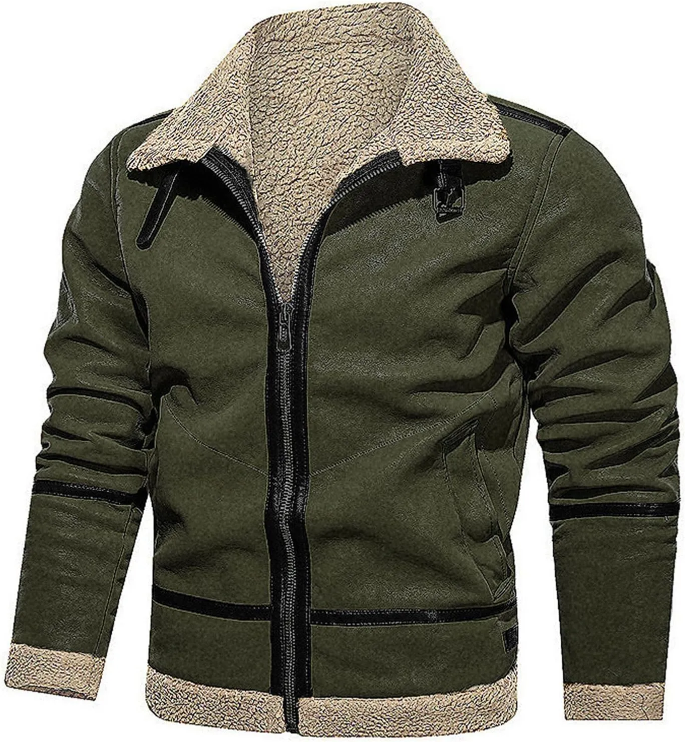 Faux Fur Suede Leather Jacket for Men Sherpa Fleece Lined Zip Up Lapel Coat Winter Warm Outwear with Pocket