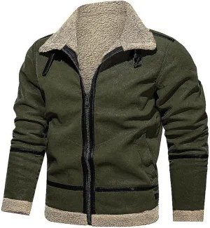 Faux Fur Suede Leather Jacket for Men Sherpa Fleece Lined Zip Up Lapel Coat Winter Warm Outwear with Pocket