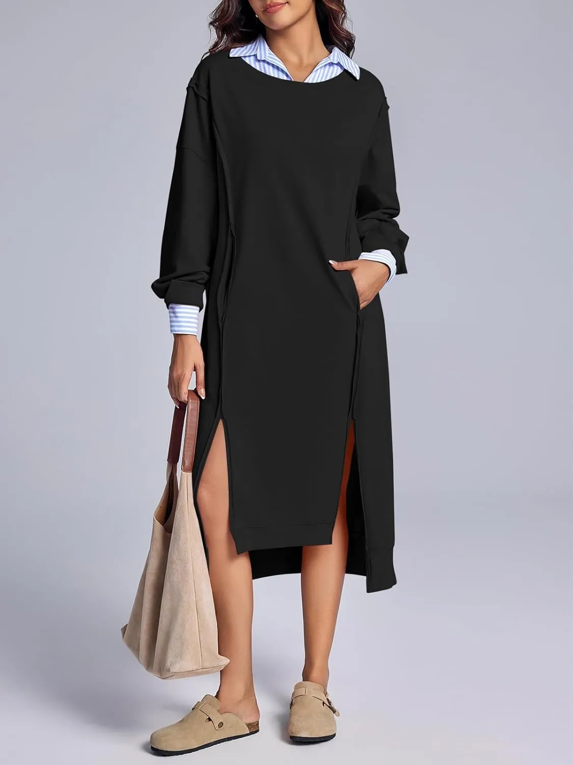 Fisoew Womens Long Sleeve Sweatshirt Dress Casual Loose Side Slit Pullover Maxi Dress