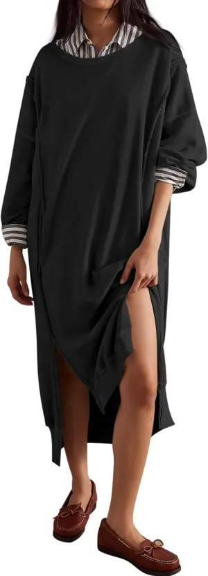 Fisoew Womens Long Sleeve Sweatshirt Dress Casual Loose Side Slit Pullover Maxi Dress