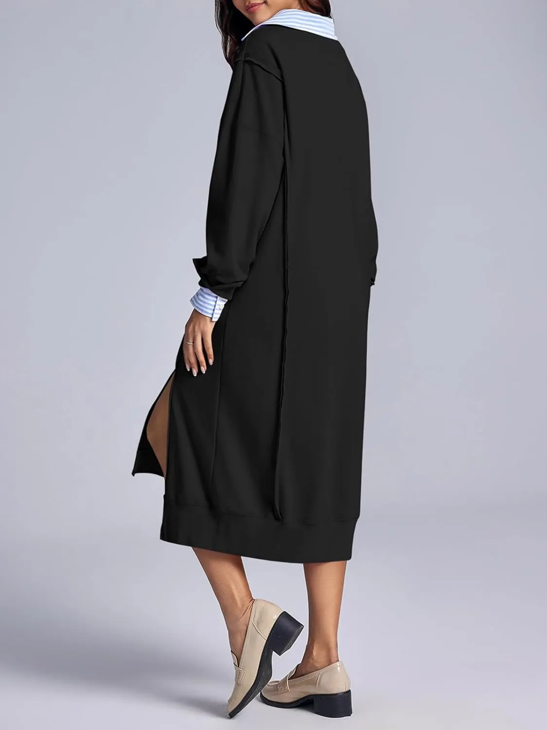 Fisoew Womens Long Sleeve Sweatshirt Dress Casual Loose Side Slit Pullover Maxi Dress