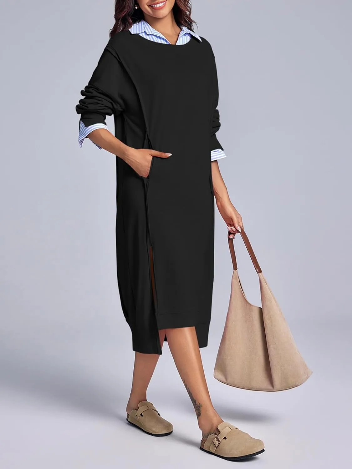 Fisoew Womens Long Sleeve Sweatshirt Dress Casual Loose Side Slit Pullover Maxi Dress