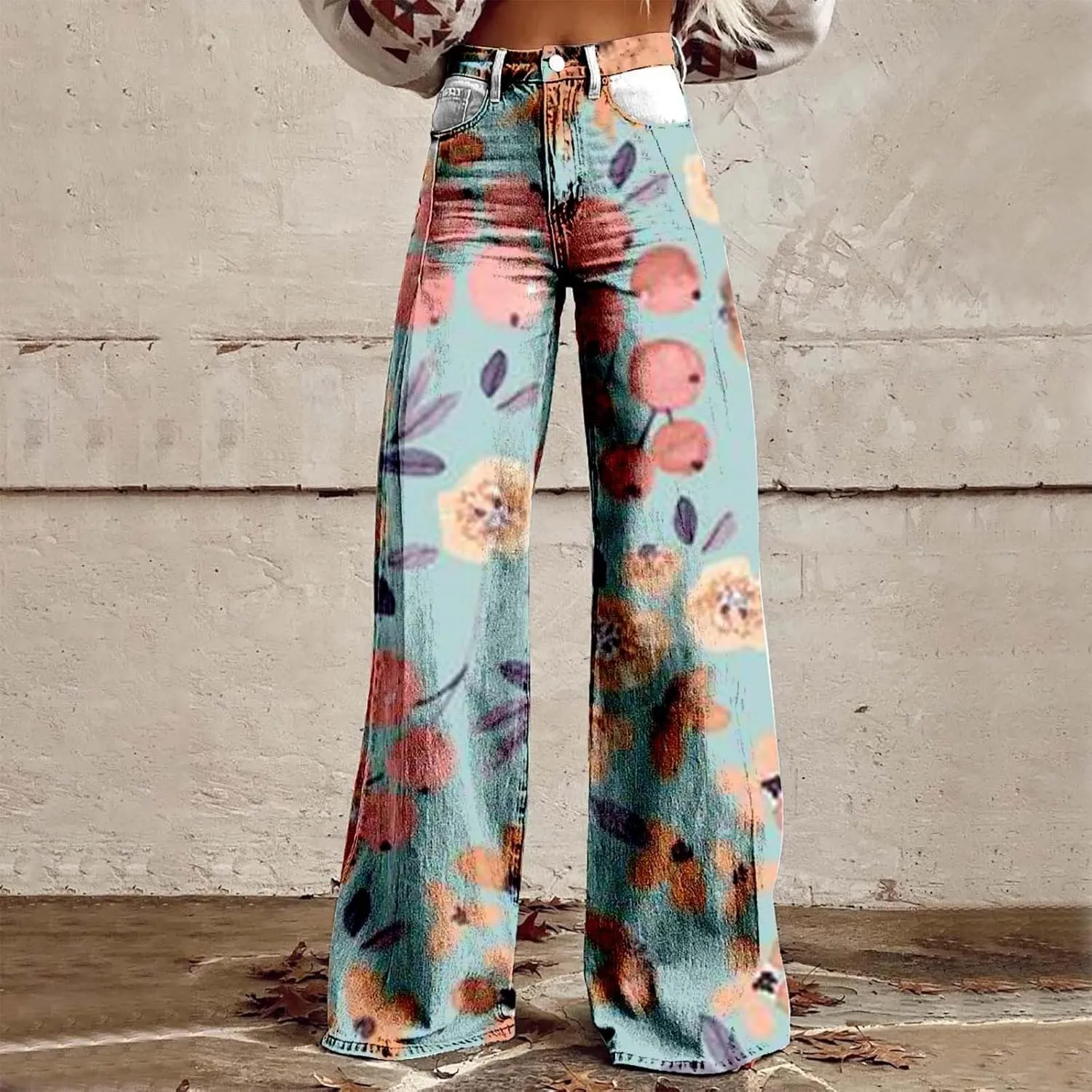 Flare Wide Leg Jeans for Women 2025 Floral Print Baggy Pant Vintage High Waisted Straight Stretch Pants with Pockets