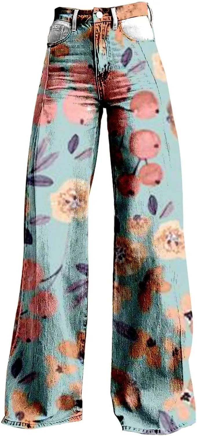 Flare Wide Leg Jeans for Women 2025 Floral Print Baggy Pant Vintage High Waisted Straight Stretch Pants with Pockets
