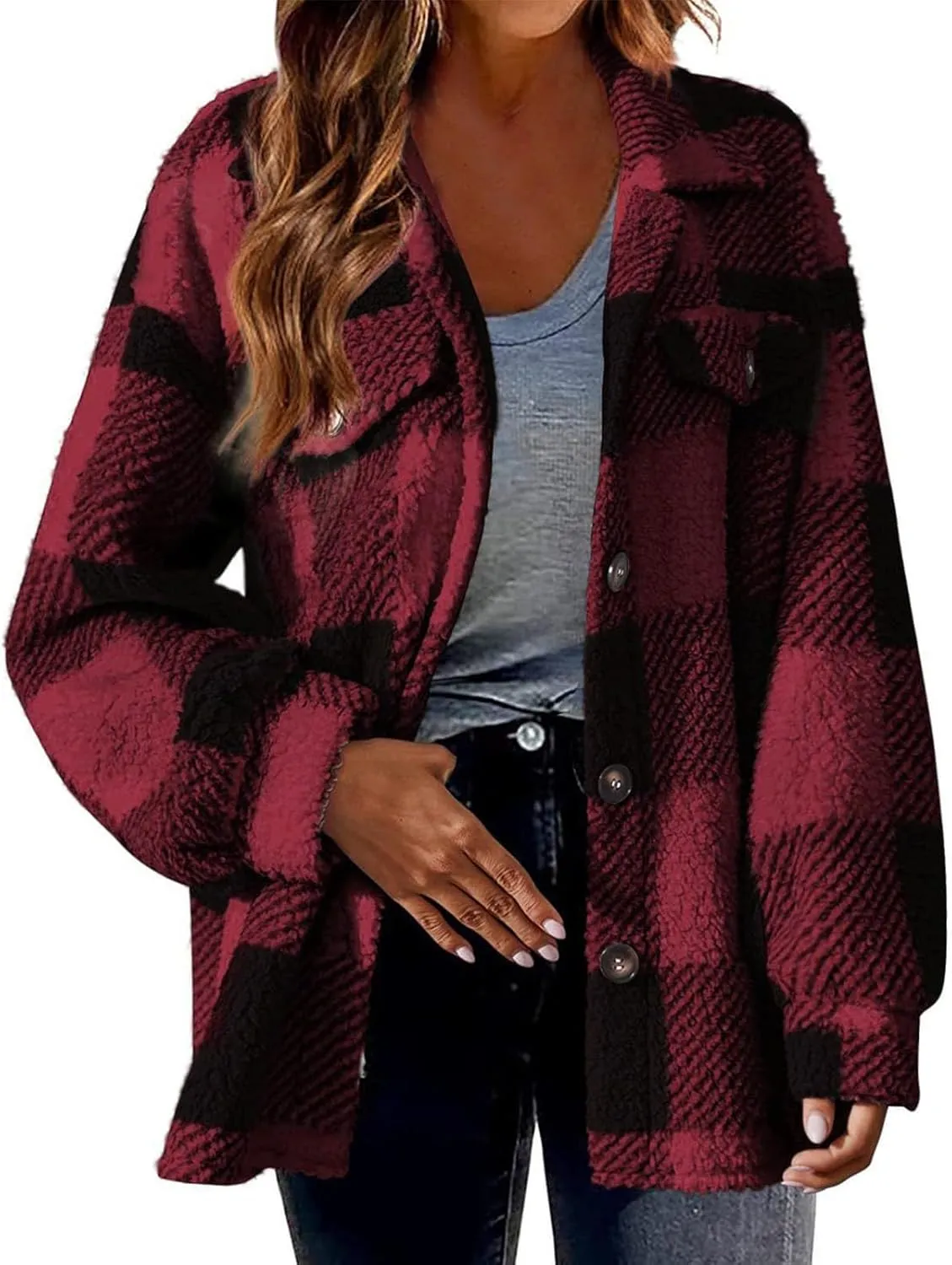 Fleece Jacket Women Fuzzy Flannel Jacket Fall Fashion Sherpa Lined Plaid Shacket Jacket Button Down Fleece Jacket Coat