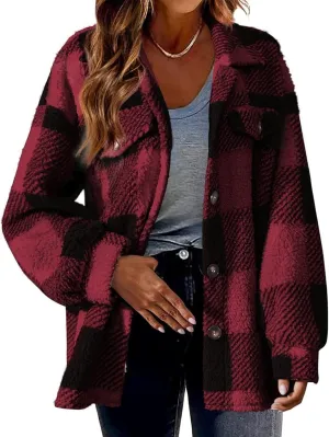 Fleece Jacket Women Fuzzy Flannel Jacket Fall Fashion Sherpa Lined Plaid Shacket Jacket Button Down Fleece Jacket Coat