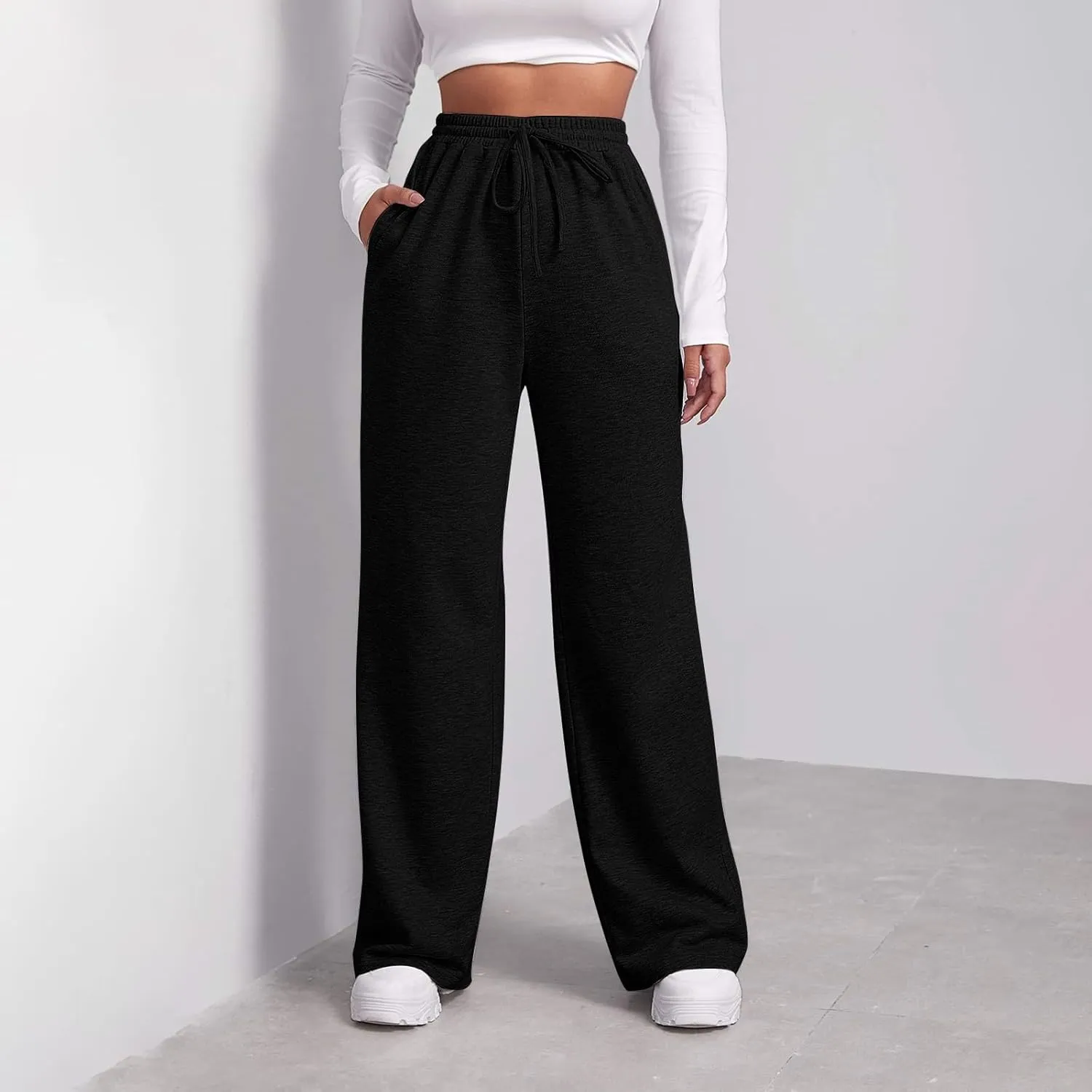 Fleece Lined Sweatpants Women Tall with Pocket Solid Color Trousers Stretchy Flowy Pants for Women High Rise Pants