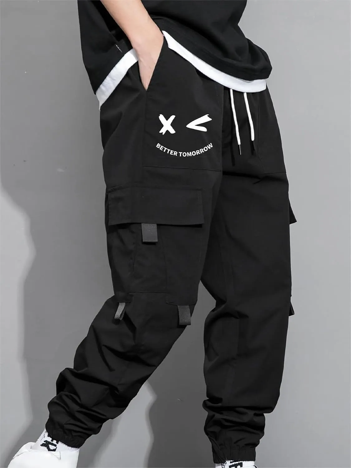 GORGLITTER Men's Graphic Cargo Pants Casual Drawstring Multiple Pocket High Waisted Street Pants